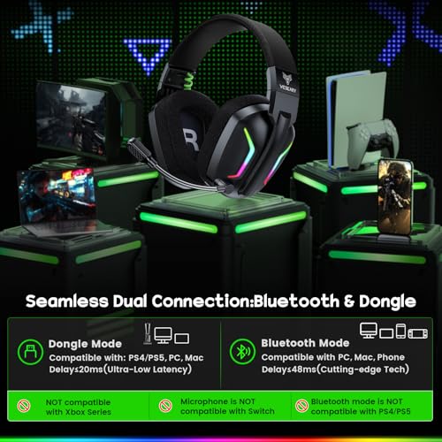 wireless gaming headsets for pc ps5 ps4 switch mac 24ghz wireless gaming headphone with enc noise canceling microphone bluetooth 54 cool lighting 50h battery 50mm drivers