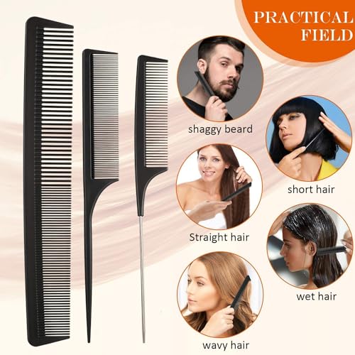 Image of 3 Pieces Tail Combs Set Carbon Styling Comb Fiber Rat Tail Comb Anti Static Heat Resistant Barber Hairdressing Comb Steel Pintail Comb Cutting Fine Tooth Comb Teasing Hair Comb for Women Men, Black
