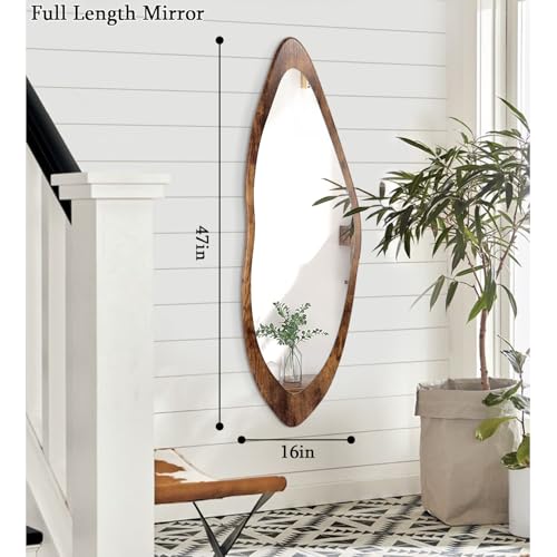 Image of AAZZKANG Large Asymmetrical Mirror Wood Framed Full Length Wall Mirrors | Irregular Bedroom Living Room Entryway Dressing Room Hanging Mirror 47 inchx16 inch