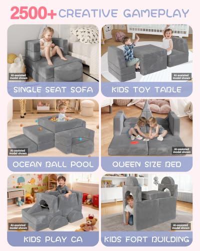 Image of YEFU 15pcs Modular Kids Play Couch,1000+ Imagination Creative Play | for kids ages 1+,7 shapes,countless configurations,30D high-density foam,fort building,washable cover, playroom,birthday gift