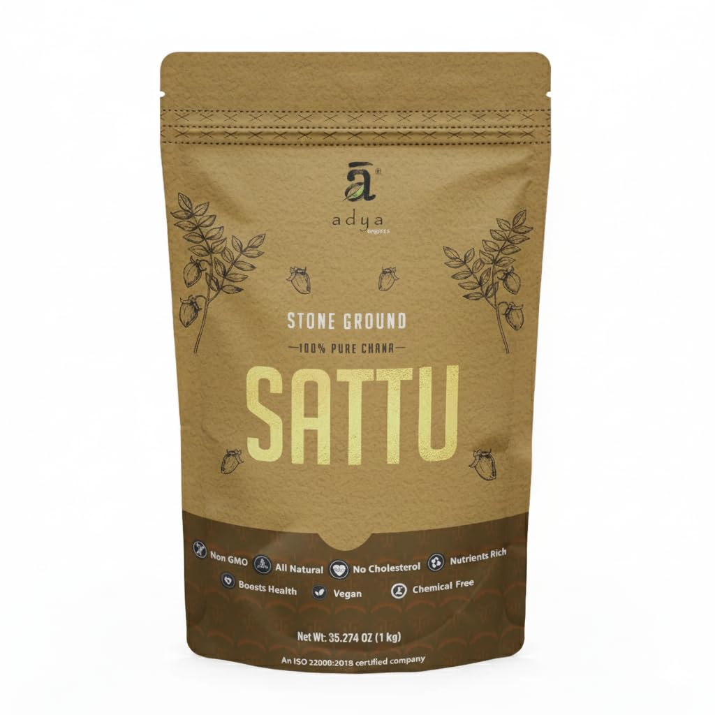 Adya Organics Sattu Powder | Gluten Free Roasted Black Chana Flour | 100% Natural & Gluten Free Chana Sattu l Atta with High Fiber | Sattu Drink Powder 1Kg- (Pack of 1)