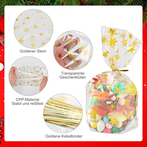 F Faburo 100PCS Ground Bag Christmas Gold Stars 120 x 180 mm Christmas Bag Biscuit Bag Pastry Bag with 100pcs Gold Cable Ties - Image 3