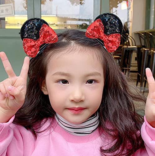 Cathercing Mouse Ears Barrettes for Girls Ears Headbands Sequin Bow Hair Piece Accessories for Women Boys Theme Costume Party (red barrettes)
