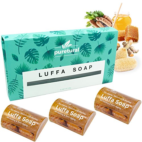Puretural Luffa Soap Gift Box Set of 3 x 100 Grams Body Scrub Loofah Soap Bar with Turmeric, Tamarind and Honey Aromatherapy to Clean Dark Spots for Stretch Marks Whitening