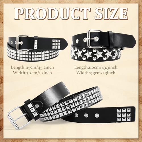 2 Pcs Black Studded Belt Set Y2K Star PU Leather Belt Gothic Punk Rock Belt with Metal Pyramid Grommets for Women Men3