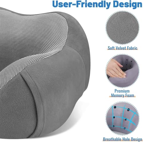 Image of CloudBliss Travel Pillows for Airplane, Memory Foam Neck Pillows for Travel, Compact Neck Pillow for Long Flight, Car & Office, Plane Accessories with Eye Mask, Earplugs, Carry Bag, Black & Dark Grey
