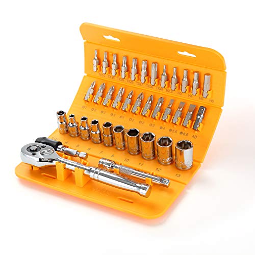 Steelhead 37-Piece Precision Mini Ratchet, Socket & Screwdriver Bit Set, 1/4” 72-Tooth Mini Ratchet, (5) Hex, (4) Phillips, Pz (4), & (3) Slot Bits, (9) 1/4” Mm Sockets, Usa-Based Support #TOP21
