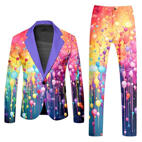 Mens 2 Piece Tuxedo Suit Set Rainbow Print Floral Party Dress Jacket Coat Slim Fit Button Blazer Pants with Pockets