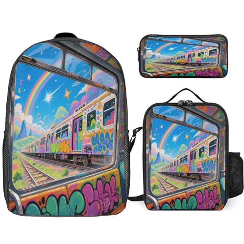 Fantasy Train 3pcs Lightweight Travel Backpack Printed Backpack With Lunch Pack Storage Box Case