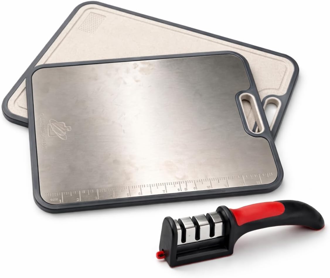 Dual-Sided Cutting Board with Knife Sharpener Bundle – Stainless Steel & BPA-Free Plastic Chopping Board, Non-Slip, Juice Groove, Built-In Measurement Ruler, Dishwasher Safe Kitchen Prep Board