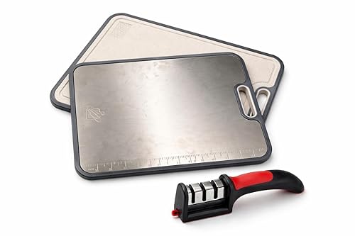 Dual-Sided Cutting Board with Knife Sharpener Bundle – Stainless Steel