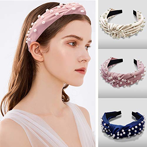 Headbands for Women - WEKEY Knot Headband for Girls, Vintage Pearl Headband with Faux Pearls, Elastic Wide Knotted Hair Bands - 3 Pack