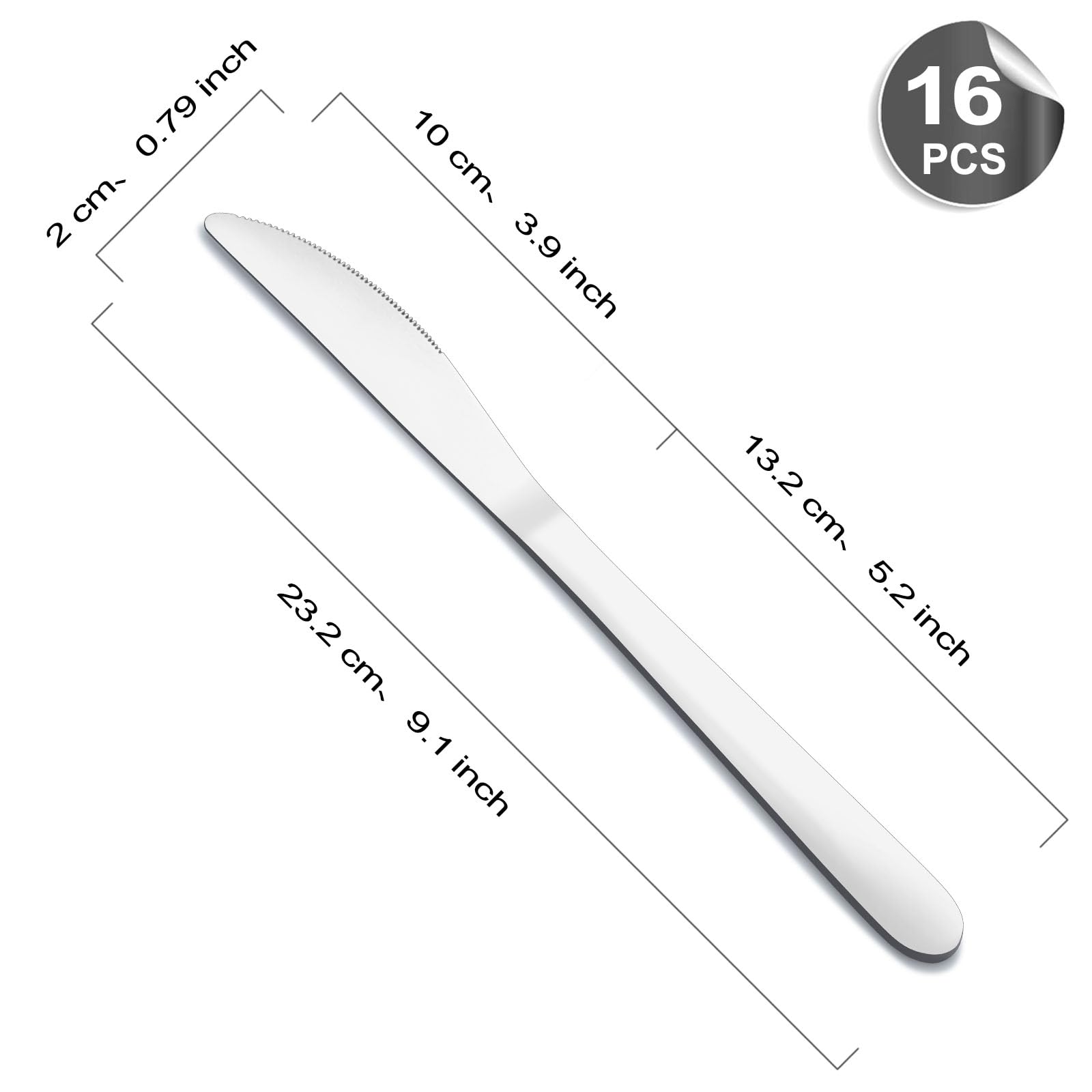BEWOS Tafelmesser Set 16 Stück, 23,2 cm (9,1 Zoll) Messer Set, Buttermesser, Tafelmesser aus Edelstahl, hochglanzpolierte Besteck Messer, Tafelmesser für die Gastronomie zu Hause, spülmaschinenfest