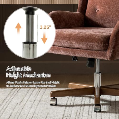 Image of HULALA HOME Modern Swivel Office Chair with Solid Wood Base, Rust | 360 Swivel Executive Task Chair with Button-Tufted, Adjustable Height Wingback Desk Chair, Wide Seat Computer Chair for Home
