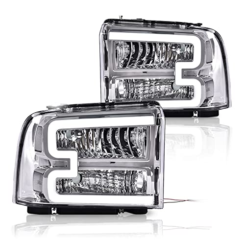 CNNELL LED Headlight Assembly with LED DRL Bar Headlamp Compatible with 2005 2006 2007 Ford F250 F350 F450 F550 SuperDuty(Clear lens Chrome Housing Clear Reflector)