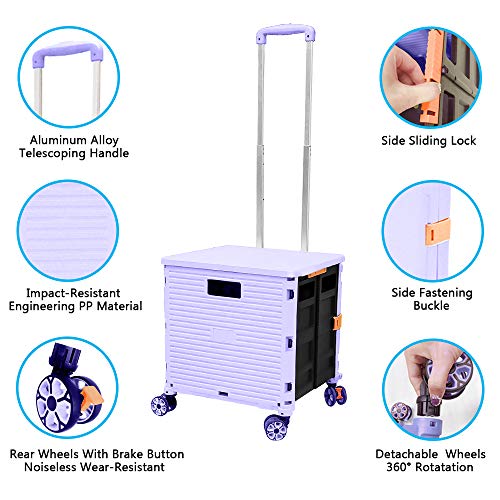 Image of Foldable Utility Cart Folding Portable Rolling Crate Handcart with Durable Heavy Duty Plastic Telescoping Handle Collapsible 4 Rotate Wheels for Travel Shopping Moving Luggage Office Use(Purple)