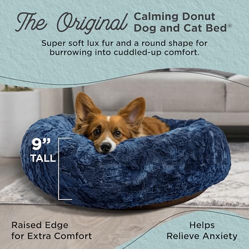 Image of Best Friends by Sheri The Original Calming Donut Dog Bed for Medium Dogs up to 45 lbs, Lux Faux Fur, Navy Blue, 30 inch x 30 inch