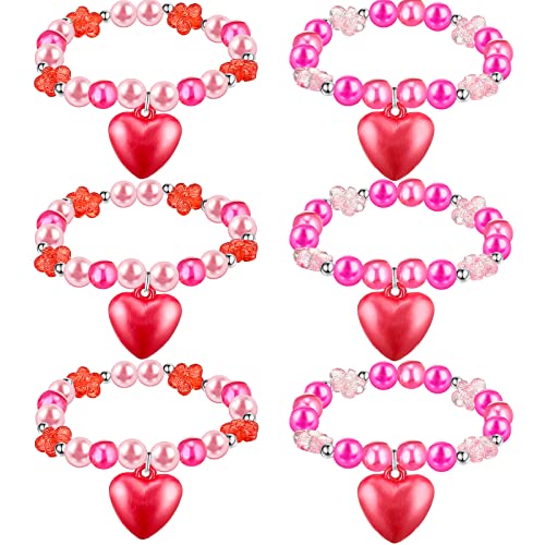 Mtlee 6 Pcs Valentine Day Girls Beaded Bracelets Cute Chunky Bubblegum Bracelets Heart Pendant Crystal Beaded Bracelet for Birthday Photo Props Costume Party Favors, Pink and Red
