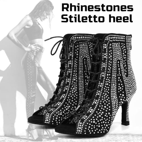 Ballroom Latin Dance Boots for Women Rhinestone Open Toe Dacing Heel 3 1/3 Inch2