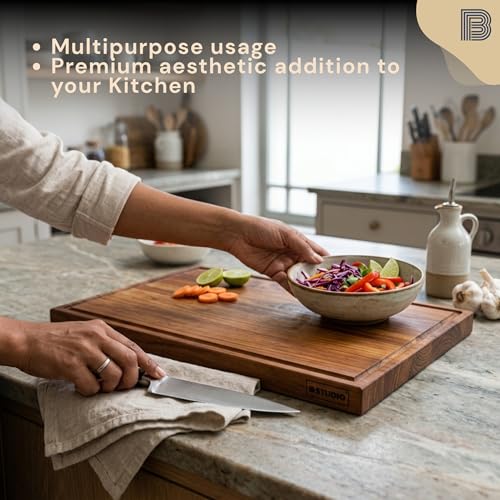 Image of Large Teakwood Chopping Board for Kitchen | Non-Slip Ribber Feet | Vegetables, Meat, Cheese, Prep and Serve | Food Grade Finish with Mineral Oil and Beeswax | 1 Year Warranty