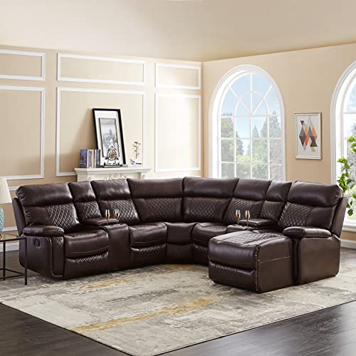 YOPTO 100' Manual Adjustable Sectional Couch with Motion Recliner & Chaise,Luxury Leather Corner Sofa Sets W/ 2 Armless Chair & Wedge,Living Room Furniture for Home Theater Game Room Seats,Brown