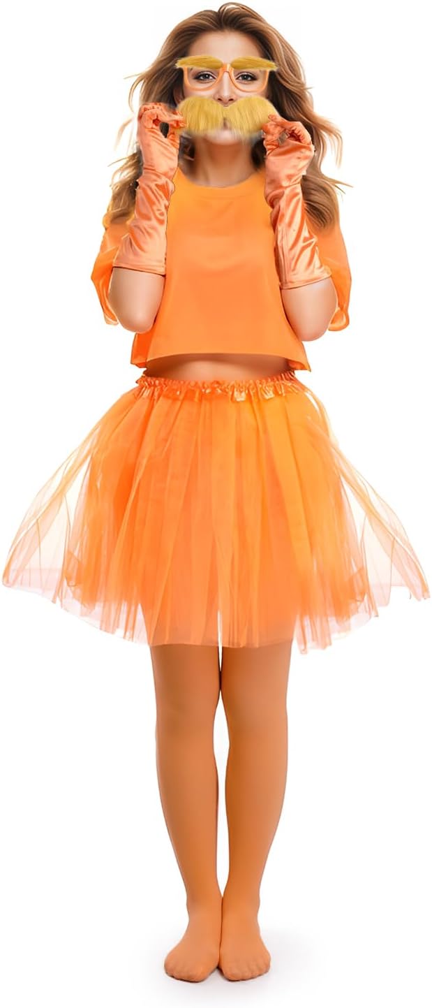 6pcs Orange Costume Yellow Eyebrows Fake Mustache Orange Glasses Tulle Tutu Skirt Gloves Pantyhose for World Book Day Halloween Cosplay Dress Up - Image 6