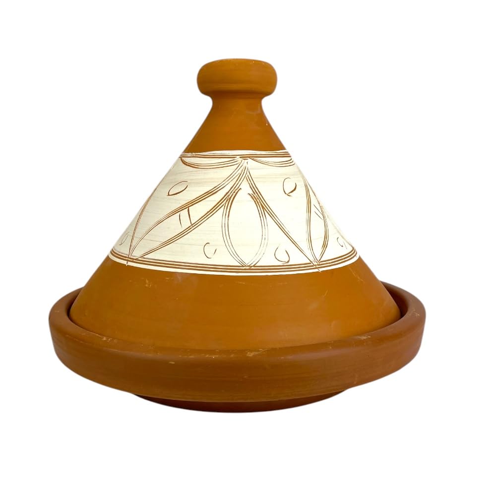 Tajine Marocchina in Terracotta, diametro 33x28h cm, Decorato a Mano, Naturale Non Smaltato, per 5-6 Persone