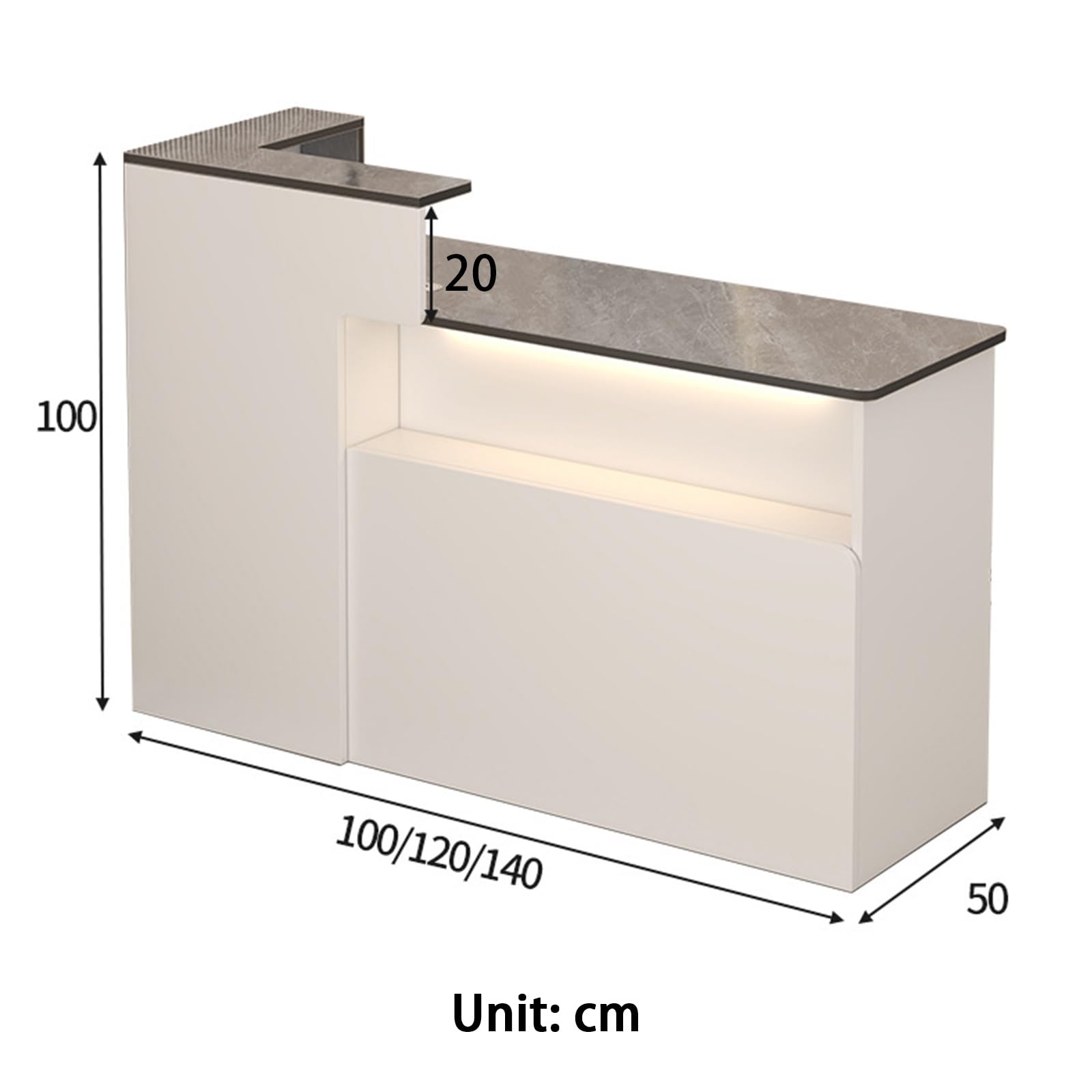 Mostrador de recepción Moderno, cajones con Cerradura, Armario con Puertas, Vitrina iluminada for peluquerías, centros de estética, Tiendas, hoteles.(White - Left,120cm)