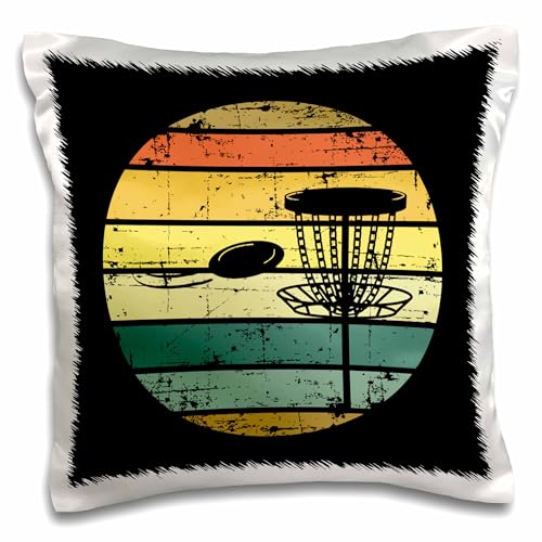 3dRose 16x16 inch Pillow Case - Black disc Golf Basket with disc Over Retro Striped Circle on Black. Stamp City - Typography - disc Golf