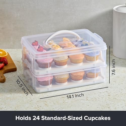 Image of Snapware (2-Layer, 24 Cupcakes Plastic Detachable Cupcake Carrier Storage Container With Lid and Handle, Freezer Dishwasher Microwave Safe