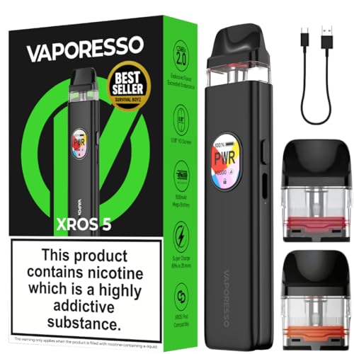 Vaporesso XROS 5 Vape Kit [Cosmic Black] 1500mAh Mega Battery Fast Charge in 20 Min Anti-Leak Tech 0.88 Display Includes 2 Pods (0.6 + 0.8) 14 Available Colours No Nicotine
