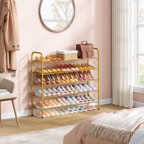 Image of Hoctieon 5 Tier Shoe Rack for Closet, Durable Mesh Style Shoe Rack, Entryway Shoe Shelf, Shoe Storage Organizer for Hallway, Bedroom, Living Room, Wardrobe, Gold