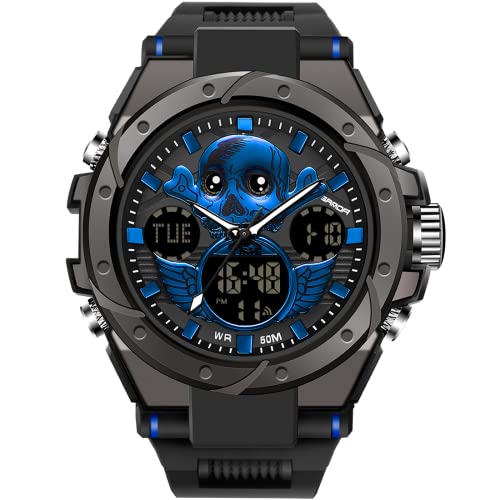 Montres Numériques pour Hommes, CestMall Montre de Sport Multifonctionnelle Étanche 50M Lumineux Double Affichage Montres Militaires avec Alarme Chronomètre Rétro-éclairage Montres Bracelets (Blue) Cover