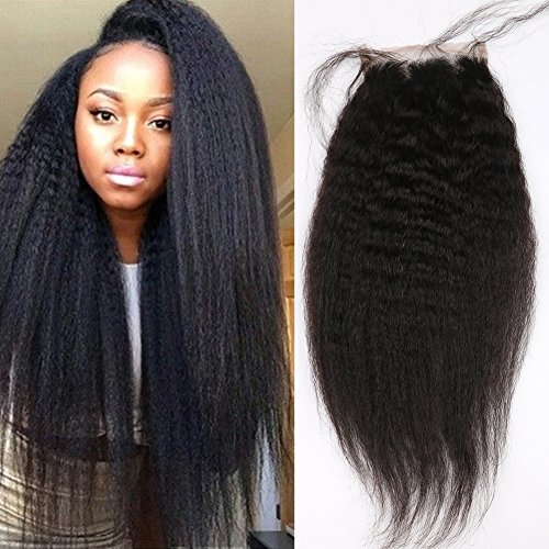 Meodi Hair Brazilian Human Hair Italian Coarse Yaki Lace Closure Kinky Straight Bleached Knots with Baby Hair Natural Color Can be Dyed (12inch free part)