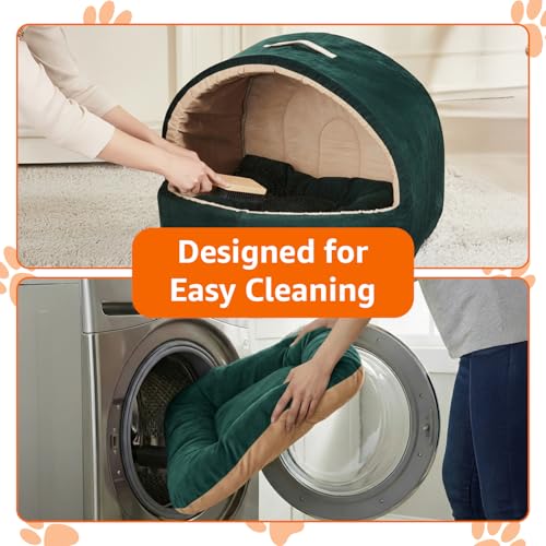 Image of Amazon Basics Pet Bed Cave | Soft & Warm Indoor Tent Bed for Cats, Kittens & Small /Medium Dogs (Pug, Beagle, Shih Tzu) | Foldable with Removable Cushion | Emerald Green & Beige | 59 x 56 x 48 cm