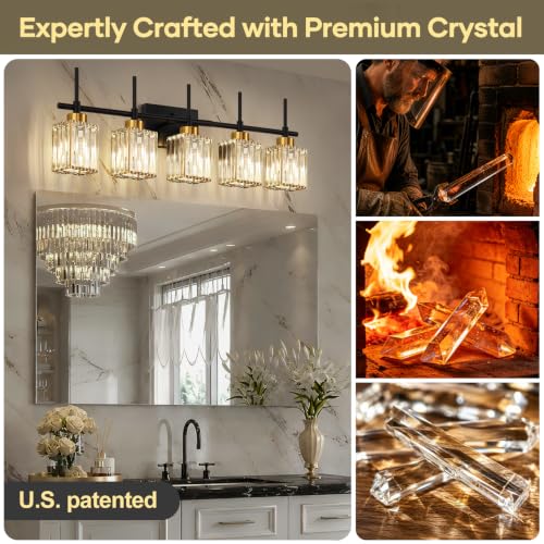 Image of Torondo Modern Crystal Bathroom Vanity Light 5-Lights Gold Bathroom Light Fixtures Over Mirror Black and Gold Vanity Lighting Fixtures Gold Square Shade Brass Wall Sconce (Bulbs Not Include)