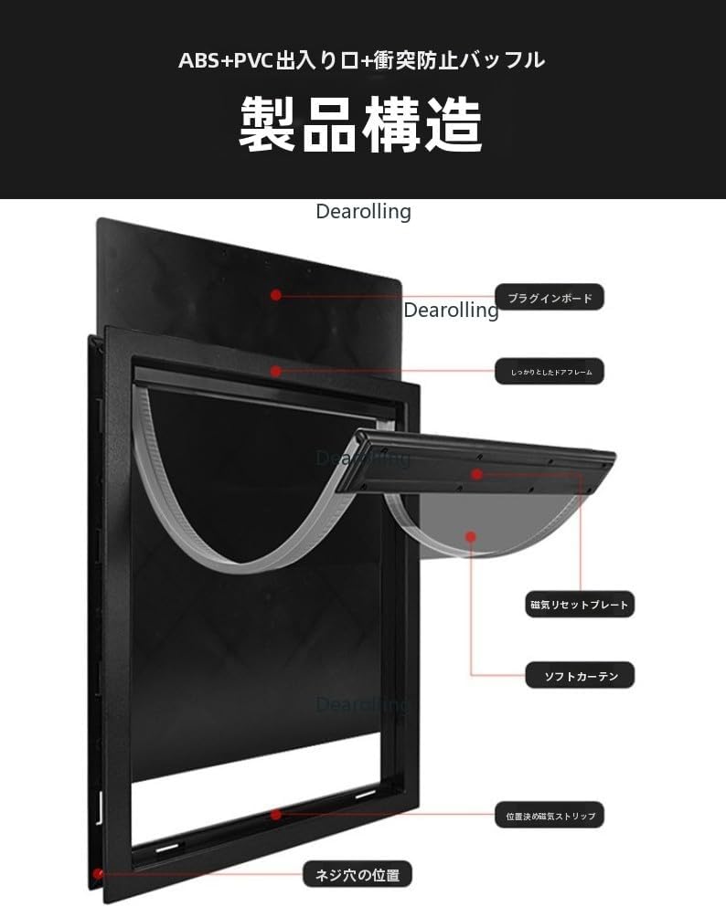 ペットドア PVC製 猫/大型犬用 ペットドア 出入り口用 追加設置可能 Dearolling 磁石式自動閉門 両方向安全金具付き