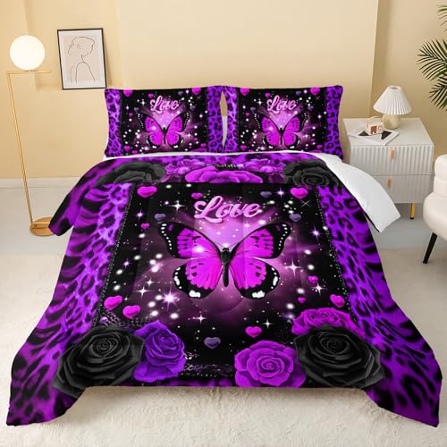Image of QOOMO 3Pcs Leopard Print Comforter Set Queen Size,Cartoon Butterfly Bedding Set for Teens Boys Girls,Purple Comforter with 2 Pillowcases,Soft and Lightweight