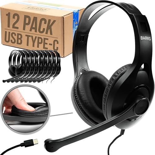 Barks USB-C Classroom Headphones with Microphone (12 Pack) Durable On-Ear Bulk Headphones for Students K-12 Schools (USB Type-C Plug Compatible with Newer Chromebooks iPads Tablets & Most Laptops)