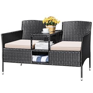 Devoko Outdoor Patio Loveseat Modern Rattan 2-Seat Patio Conversation Set with Cushions & Built-in Coffee Table Porch Furniture for Garden Lawn Backyard (Beige)