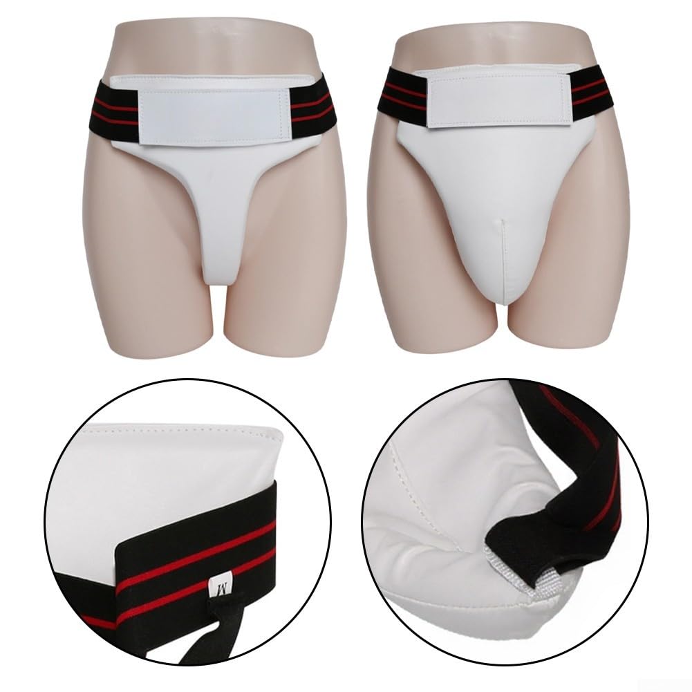 Protège-aine de boxe en cuir PU pour homme et femme – Sangles réglables Design bonnet profond pour entraînement Muay Thai Blanc Noir 23 cm