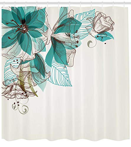 ABAKUHAUS Turquoise Shower Curtain, Flowers Buds Leaf at the top Left Corner Season Celebrating Theme - Image 2