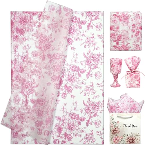 LIAPAWPAW Vintage Floral Tissue Paper Pink and White Flower Pattern Botanical Gift Wrapping Tissue Paper for Gift Bags Craft Packaging for Wedding Birthday Spring Party Decor 30 Sheets 20x14 in