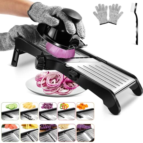 MASTERTOP Mandolina Cucina Regolabile in Inox, Mandoline Affettatrice Professionale con Lama Affilata Integrata, Mandolina Giapponese con Diversi Spessori per Affettare, Julienne e Cialdare