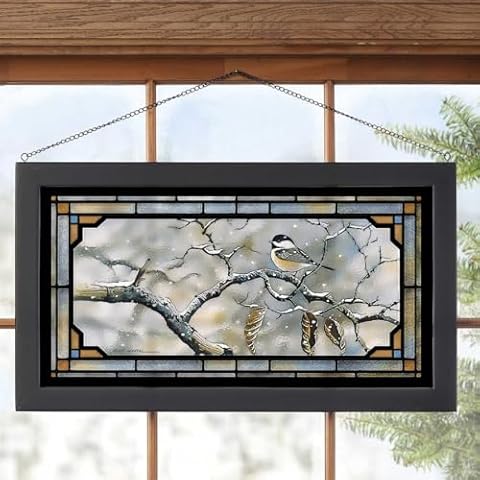 BLACK FOREST DECOR - Winter Chickadee Stained Glass Art - Printed Glass with Fade-Resistant Inks, 23" W x 13" H - Nature-Inspired Wall Decor Cover
