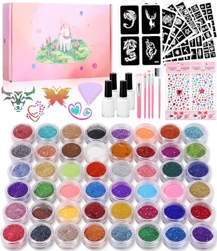 546 Glitzer Tattoo Set Kinder, 48 Farben,250 Schablonen, 238 Strasssteine | 5Pinsel,4 Kleber,Schönheitsschwamm,Wasserdichtes Tattoo Kinder Make Up Körper Glitzer,Geschenk Party Geb