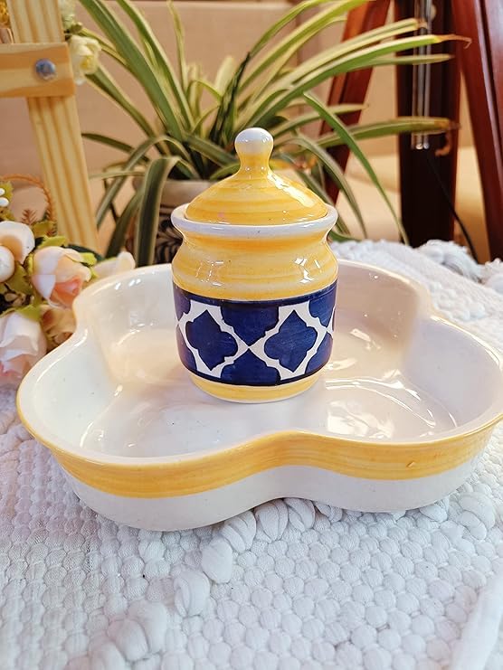 Image of Niyara Multipurpose Storage Ceramic Pickle set Jars with Lid & tray (Set of 4, 300 ml) (yellow Blue)