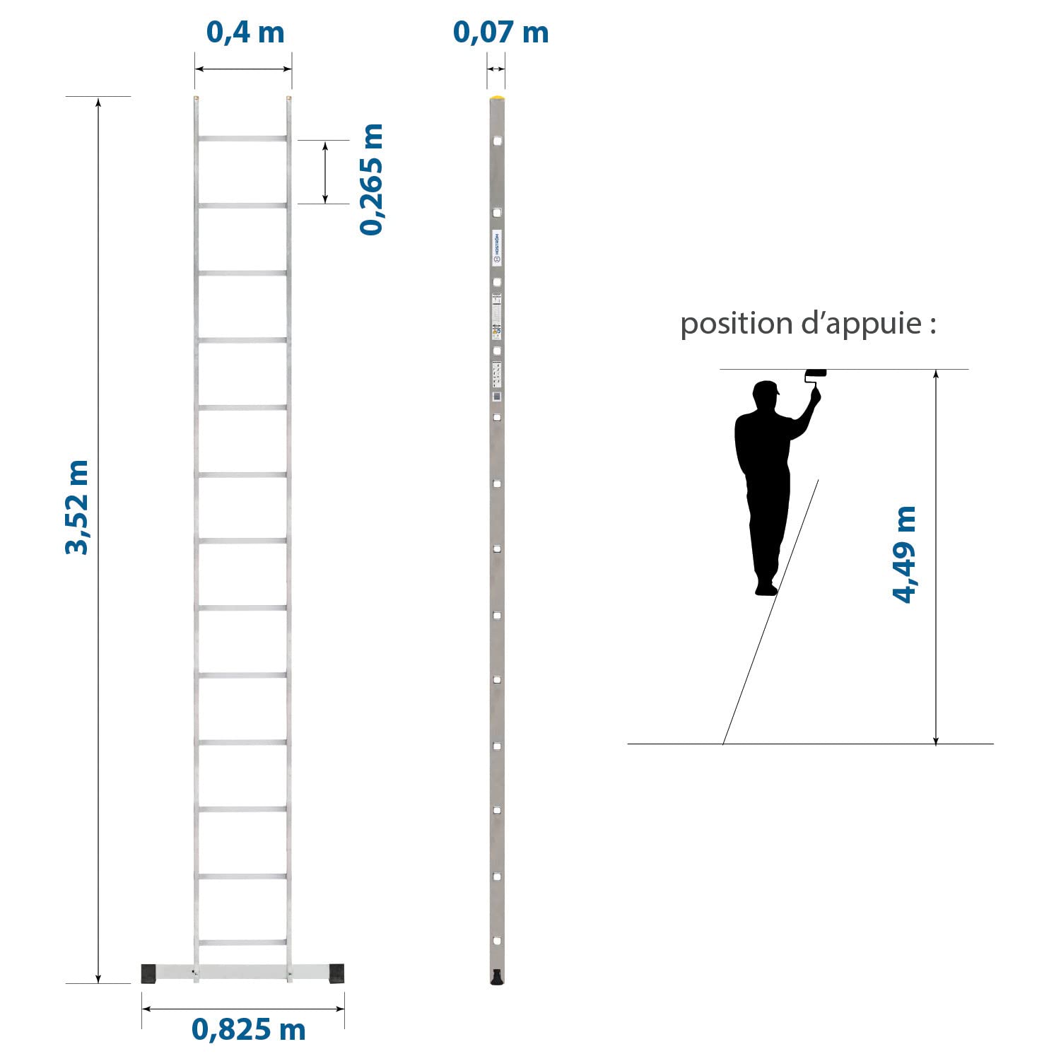HOSTRÖM Echelle Simple StablePro 13 marches en Aluminium, légère et Durable, Hauteur de Travail maximale 4,49m, Garantie 5 Ans, Charge maximale 150kg