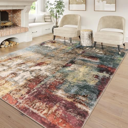 Lahome Modern Abstract Area Rug 6x9 Rugs for Living Room, Washable Bedroom Rug Aesthetic Low Pile Non Slip, Red Soft Indoor Contemporary Carpet for Dining Room Table Apartment