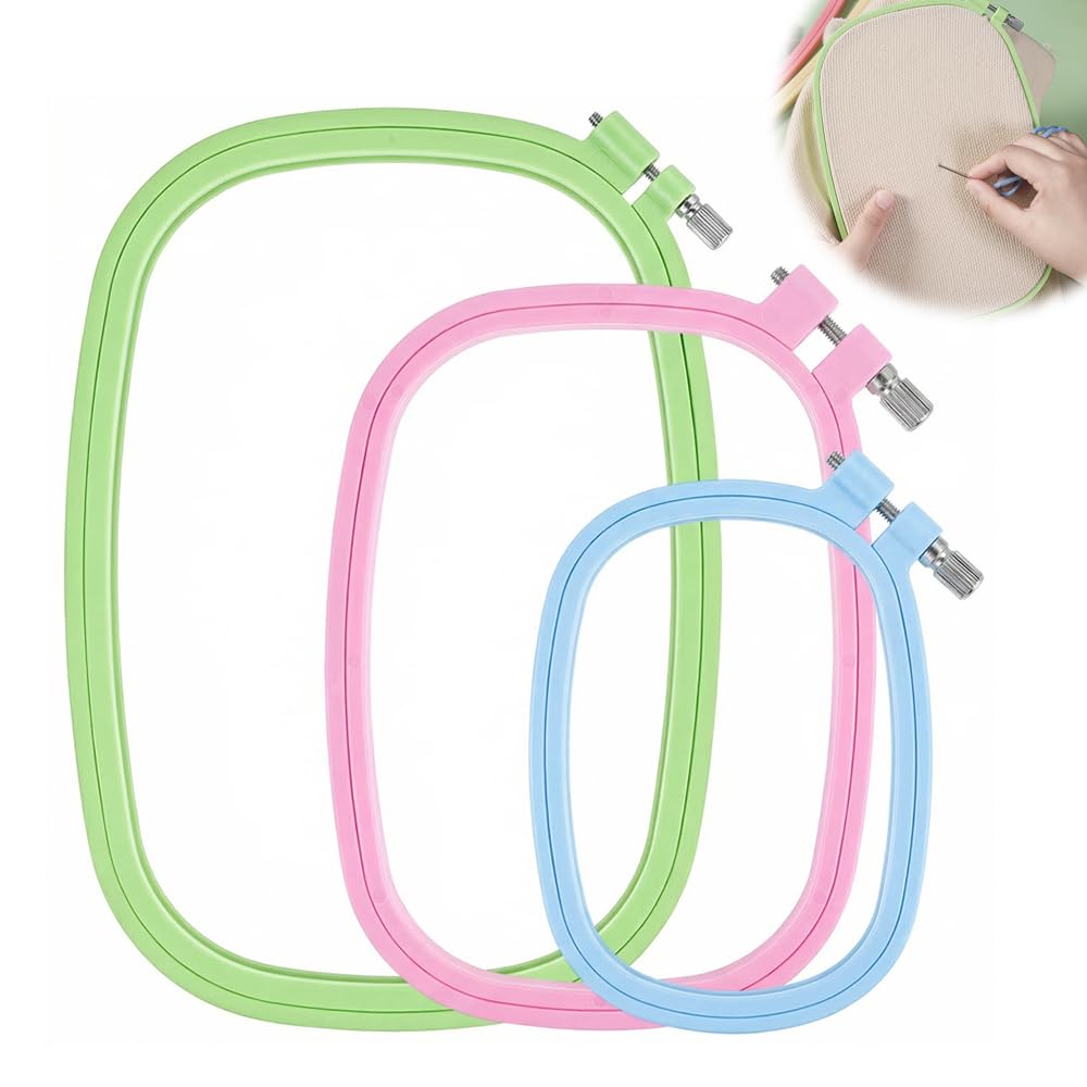 Jdbefuy 3 Pack Square Embroidery Hoops, Reusable Plastic Cross Stitch Frames for DIY Sewing Projects, Multi-Coloured Needlework Hoops for Hand Embroidery, Quilting and Crafting Essentials (3)